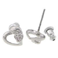 Cubic Zircon Brass Earring, Heart, platinum color plated, with cubic zirconia, 8mm, 14mm, 0.7mm 