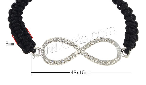 Zinc Alloy Woven Ball Bracelets, with Wax Cord & Hematite, Infinity, plated, with rhinestone, more colors for choice, nickel, lead & cadmium free, 48x15mm,8mm, Length:Approx 7.5 Inch, Sold By Strand