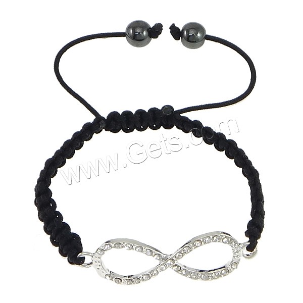 Zinc Alloy Woven Ball Bracelets, with Wax Cord & Hematite, Infinity, plated, with rhinestone, more colors for choice, nickel, lead & cadmium free, 48x15mm,8mm, Length:Approx 7.5 Inch, Sold By Strand