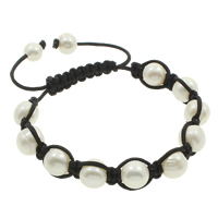 Bracelets de Woven Ball perles d'eau douce, perle d'eau douce cultivée, avec corde en nylon, pomme de terre, naturel, réglable, blanc, 10-11mm Environ 7.5 pouce, Vendu par brin