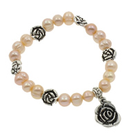 Bracelets de perles En alliage de zinc , perle d'eau douce cultivée, avec alliage de zinc, fleur, Plaqué de couleur d'argent, bracelet à breloques, rose, 8-9mm  Environ 6 pouce, Vendu par brin