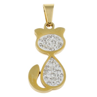 Stainless Steel Animal Pendants, with Clay Pave, Cat, gold color plated, with rhinestone Approx 