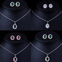 Brass Jewelry Set, earring & necklace, platinum plated, oval chain & micro pave cubic zirconia, mixed colors, nickel, lead & cadmium free Approx 17 Inch 