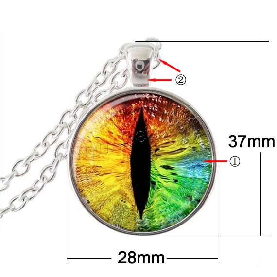 Zinc Alloy Sweater Chain Necklace, with iron chain & Glass, with 5cm extender chain, Flat Round, plated, with eye pattern & oval chain & different designs for choice, more colors for choice, nickel, lead & cadmium free, 28x37x7mm, Length:Approx 23.5 Inch, Sold By Strand