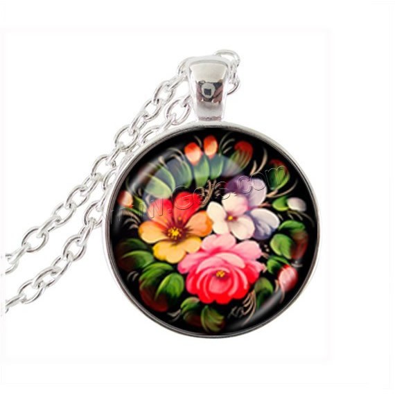 Zinc Alloy Sweater Chain Necklace, with iron chain & Glass, with 5cm extender chain, Flat Round, plated, oval chain & different designs for choice & with flower pattern, more colors for choice, nickel, lead & cadmium free, 28x37x7mm, Length:Approx 23.5 Inch, Sold By Strand