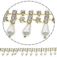 Perlas de plástico ABS Cadena de cuentas, con metal, Gota, chapado en color dorado, hecho a mano & con diamantes de imitación, 6x22x6mm, Vendido por Yarda