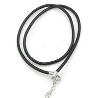 Cowhide Necklace Cord, brass lobster clasp, with 1lnch extender chain, platinum color plated, black, 3mm Approx 18 Inch 
