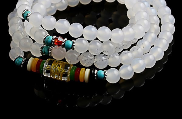 108 Mala Beads, White Agate, with Synthetic Turquoise & Crystal & Glass & Plastic & Zinc Alloy, plated, different length for choice & Buddhist jewelry & different size for choice & gold accent, 108PCs/Strand, Sold By Strand