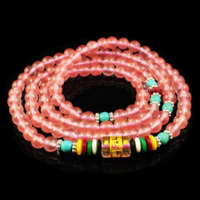 108 Mala Beads, Cherry Quartz, with Synthetic Turquoise & Crystal & Glass & Plastic & Zinc Alloy, platinum color plated & Buddhist jewelry & gold accent 