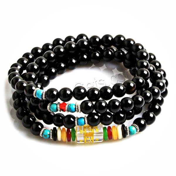 108 Mala Beads, Black Agate, with Synthetic Turquoise & Glass & Plastic & Zinc Alloy, plated, different length for choice & Buddhist jewelry & different size for choice & gold accent, 108PCs/Strand, Sold By Strand