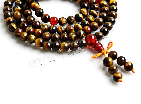 108 perles de Mala, oeil de tigre, avec cordon élastique en nylon & agate rouge, longueur différente pour le choix & bijoux bouddhiste & normes différentes pour le choix, 108PC/brin, Vendu par brin