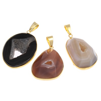 Mixed Agate Pendants, with Brass, gold color plated, druzy style - Approx 