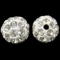 Strass Ton befestigte Perlen, rund, mit 54 Stück Strass, weiß, 10mm, Bohrung:ca. 1.5mm, 1000PCs/Tasche, verkauft von Tasche