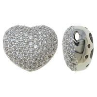 Cubic Zirconia Micro Pave Brass Beads, Heart, platinum color plated, micro pave cubic zirconia & hollow Approx 1.5mm 
