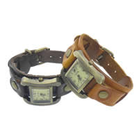 Bracelets de montre pour femmes, alliage de zinc, avec cuir de peau de vache & verre, Plaqué de couleur de bronze antique 29mm Environ 9.5 pouce, Vendu par PC