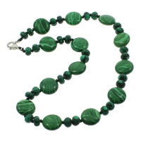 Малахит бисера ожерелье, малахит, цинковый сплав Замок-карабин, Плоская круглая форма, синтетический  длина:Приблизительно 17 дюймовый, продается Strand
