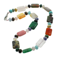 Gemstone Necklace, zinc alloy lobster clasp, Rectangle, natural, multi-colored Approx 17 Inch 