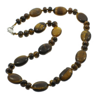Tiger Eye Necklace, zinc alloy lobster clasp, Flat Oval, natural Approx 17 Inch 