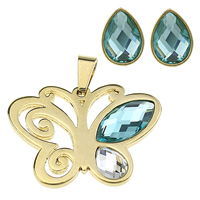 Rhinestone stainless steel Jewelry Set, pendant & earring, with Glass, Butterfly, gold color plated, faceted & with rhinestone & hollow  Approx 