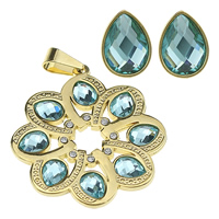 Stainless Steel Jewelry Set, pendant & earring, with Glass, Flower, gold color plated, faceted & with rhinestone  Approx 