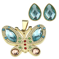 Stainless Steel Jewelry Set, pendant & earring, with Glass, Butterfly, gold color plated, faceted & with rhinestone  Approx 