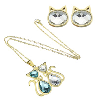 Stainless Steel Jewelry Set, earring & necklace, with Glass, Cat, gold color plated, oval chain & faceted & with rhinestone 2mm Approx Approx 19 Inch 