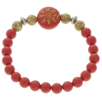 Wrist Mala, Cinnabar, with Gold Foil & Zinc Alloy, Round, om mani padme hum & gold accent, red 8mm Approx 7.5 Inch 
