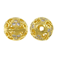 Cubic Zirconia Micro Pave Brass Beads, Round, real gold plated, micro pave 24 pcs cubic zirconia & hollow Approx 2mm 