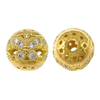 Cubic Zirconia Micro Pave Brass Beads, Round, real gold plated, micro pave 24 pcs cubic zirconia & hollow, 9.5mm Approx 2mm 