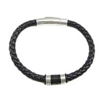Men Bracelet, PU Leather, with Stainless Steel, plated, black 6mm .5 Inch 