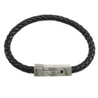 Men Bracelet, PU Leather, stainless steel bayonet clasp, black, 6mm 