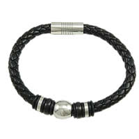 Men Bracelet, PU Leather, with Stainless Steel, black   6mm 