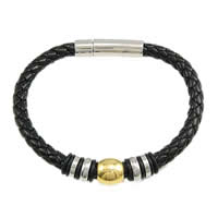 Men Bracelet, PU Leather, with Stainless Steel, plated, black   6mm 