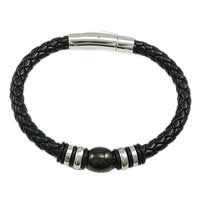 Men Bracelet, PU Leather, with Stainless Steel, plated, black   6mm 