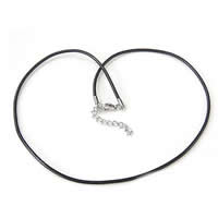 Теплые шнур ожерелья, Шнур из натуральной кожи, нержавеющая сталь Замок-карабин, с 1.5Inch наполнитель цепи, черный, 2mm, длина:18 дюймовый, продается Strand