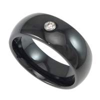 Alumina Ceramic Finger Ring, with Tungsten Alloy & with rhinestone, black, 8mm 