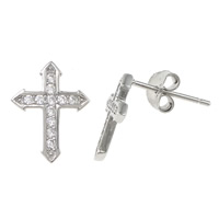 Cubic Zirconia Micro Pave Sterling Silver Earring, 925 Sterling Silver, Cross, platinum plated, micro pave cubic zirconia 