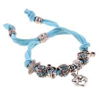 Fashion Velveteen Cord Bracelets, Zinc Alloy, with Velveteen Cord, Heart, antique silver color plated, charm bracelet & adjustable & with rhinestone, blue, nickel, lead & cadmium free Approx 7.5 Inch 
