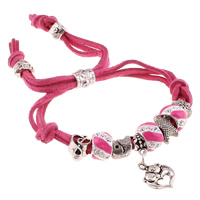 Fashion Velveteen Cord Bracelets, Zinc Alloy, with Velveteen Cord, Heart, antique silver color plated, charm bracelet & adjustable & enamel & with rhinestone, bright rosy red, nickel, lead & cadmium free Approx 7.5 Inch 
