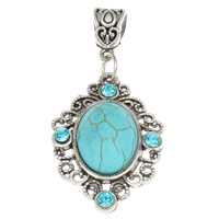 Turquoise Zinc Alloy Pendants, with turquoise, Flat Oval, antique silver color plated, with rhinestone, nickel, lead & cadmium free Approx 