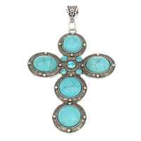 Turquoise Zinc Alloy Pendants, with turquoise, Cross, antique silver color plated, with rhinestone, nickel, lead & cadmium free Approx 