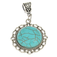 Turquoise Zinc Alloy Pendants, with turquoise, Flat Round, antique silver color plated, nickel, lead & cadmium free Approx 