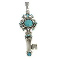Turquoise Zinc Alloy Pendants, with turquoise, Key, antique silver color plated, with rhinestone, nickel, lead & cadmium free Approx 