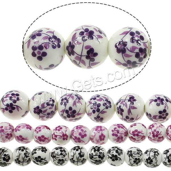 Printing Porcelain Beads, Round, different size for choice & with flower pattern, more colors for choice, Length:Approx 13.5 Inch, Sold By Strand