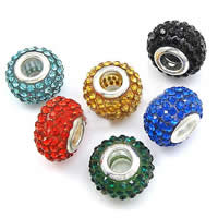 Rhinestone European Beads, Clay Pave, Rondelle, silver color plated, with 95 pcs rhinestone & brass double core without troll Approx 5mm 