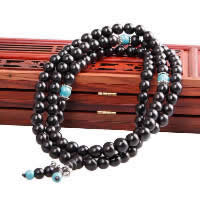 108 Mala Beads, Black Sandalwood, with Elastic Thread & Synthetic Turquoise & Zinc Alloy, antique silver color plated, Buddhist jewelry &  