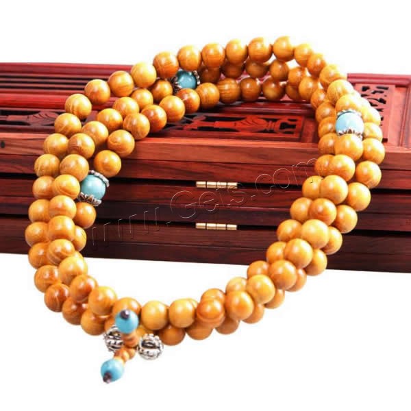 108 Mala Beads, Golden Sandalwood, with Elastic Thread & Synthetic Turquoise & Zinc Alloy, antique silver color plated, Buddhist jewelry & different size for choice & 4-strand, Length:Approx 34 Inch, 108PCs/Strand, Sold By Strand