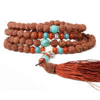 108 Mala Beads, Rudraksha, with Elastic Thread & Nylon Cord & Synthetic Turquoise & Resin & Zinc Alloy, antique silver color plated, Buddhist jewelry & , 8mm Approx 34 Inch 