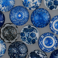 Tiempo Gem Cabochon, Vidrio, porcelana azul y blanca & joyas joya tiempo & espalda plana & mixto & calcomanía, 18x5mm, Vendido por UD
