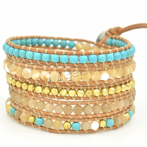 Wrap Bracelets, Cowhide, with Synthetic Turquoise & Freshwater Shell & Zinc Alloy, stainless steel clasp, gold color plated, adjustable & , 4mm Approx 33.5-37 Inch 
